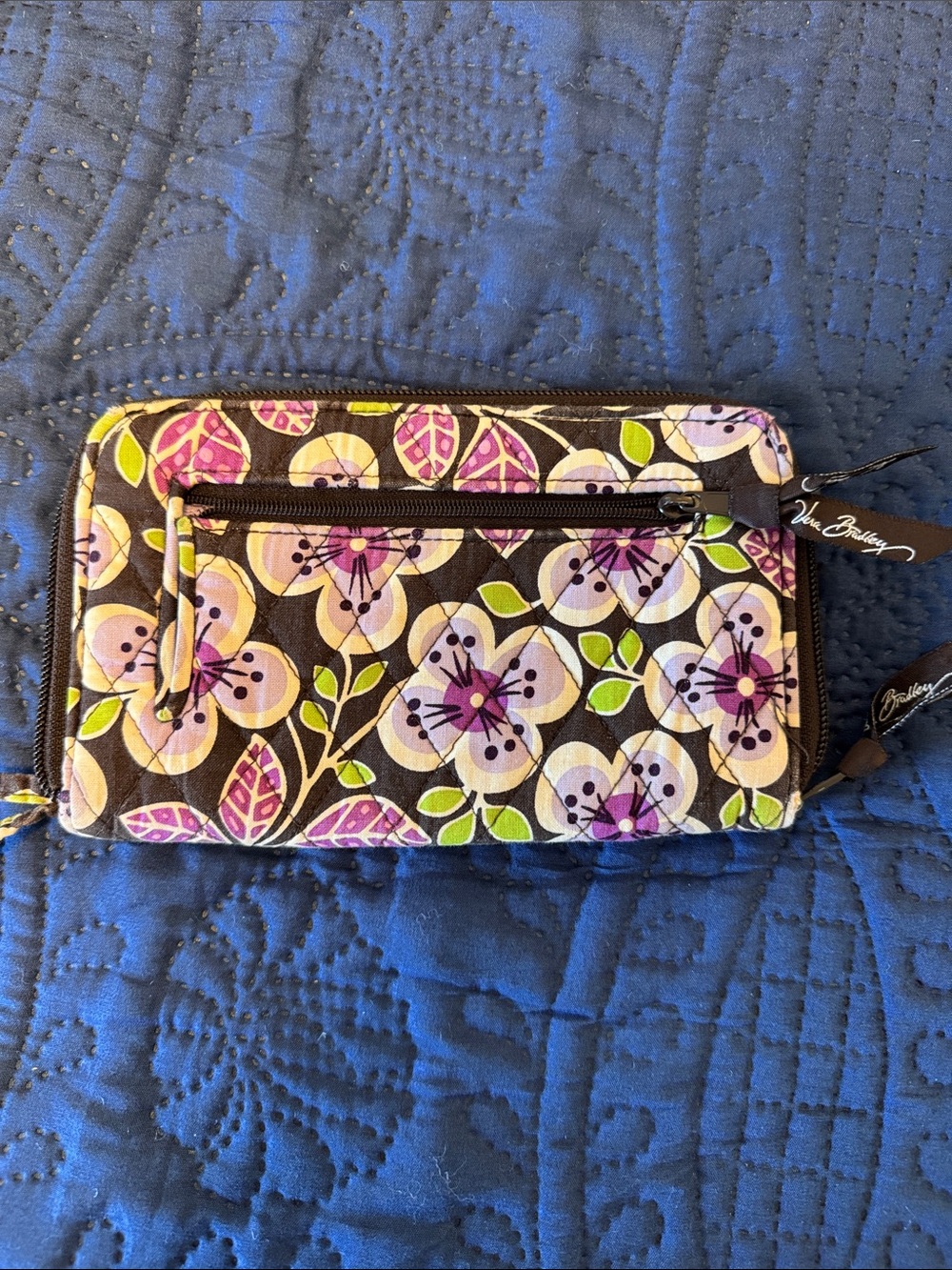 Vera Bradley Brown Quilted Floral Zip Wallet with Purple, Pink & Lime Accents